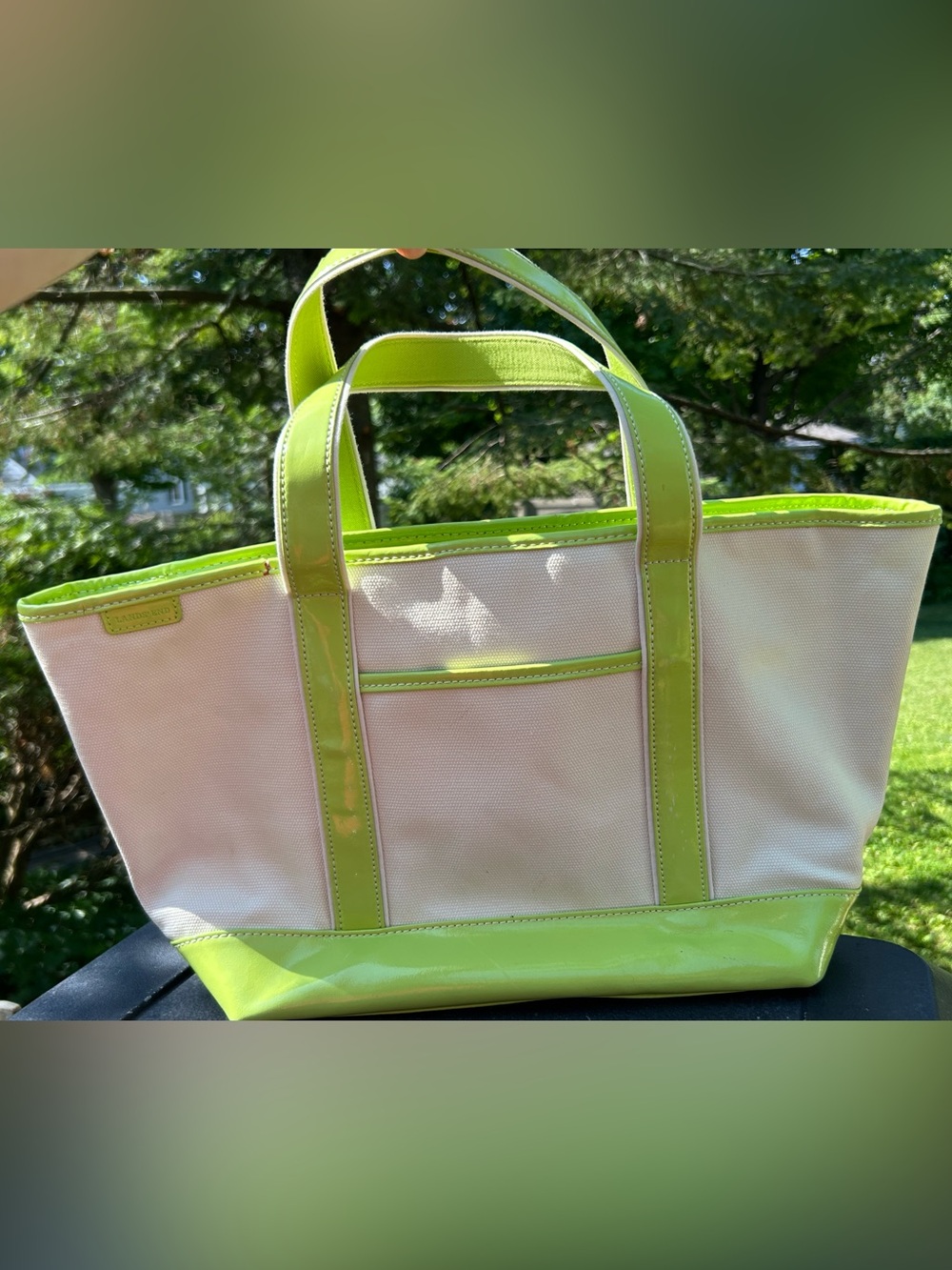 Lands’ End Tote Bag Canvas Lime Green Trim Medium Summer Beach  6x10